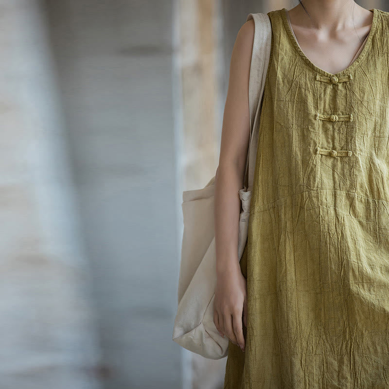 Buddha Stones Ärmelloses Camisole-Midikleid mit Froschknöpfen, Hose aus Ramie-Leinen mit weitem Bein und Taschen - image 8