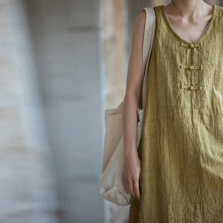 Buddha Stones Ärmelloses Camisole-Midikleid mit Froschknöpfen, Hose aus Ramie-Leinen mit weitem Bein und Taschen - image 8