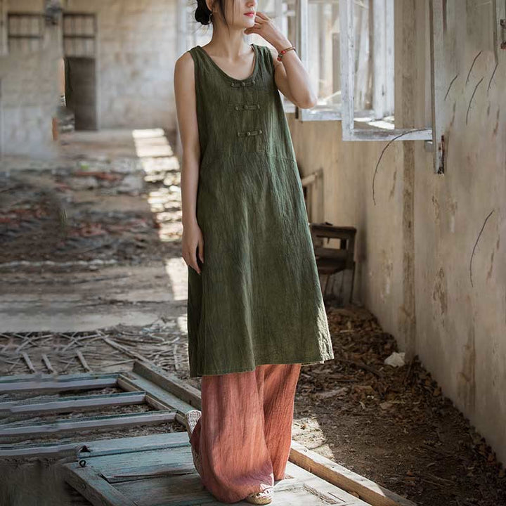 Buddha Stones Ärmelloses Camisole-Midikleid mit Froschknöpfen, Hose aus Ramie-Leinen mit weitem Bein und Taschen - image 21