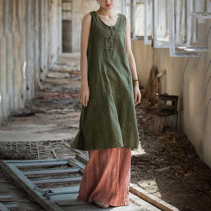 Buddha Stones Ärmelloses Camisole-Midikleid mit Froschknöpfen, Hose aus Ramie-Leinen mit weitem Bein und Taschen - image 19