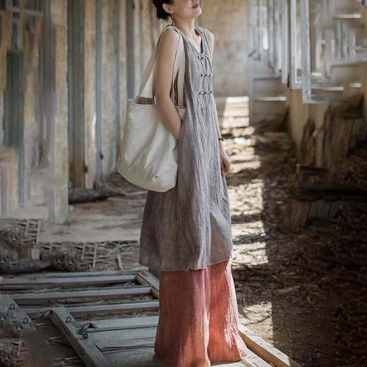 Buddha Stones Ärmelloses Camisole-Midikleid mit Froschknöpfen, Hose aus Ramie-Leinen mit weitem Bein und Taschen - image 28