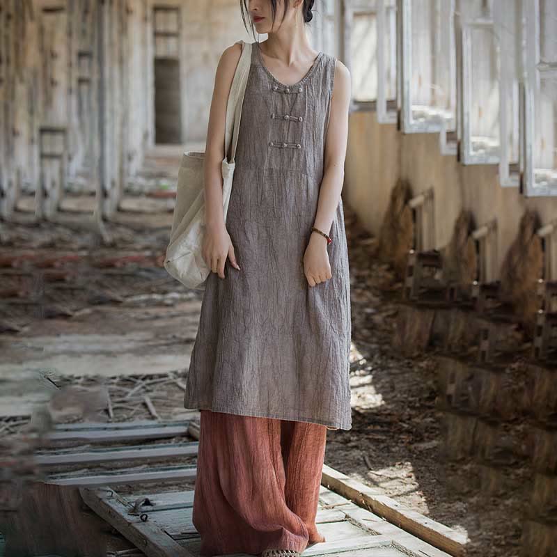 Buddha Stones Ärmelloses Camisole-Midikleid mit Froschknöpfen, Hose aus Ramie-Leinen mit weitem Bein und Taschen - image 27