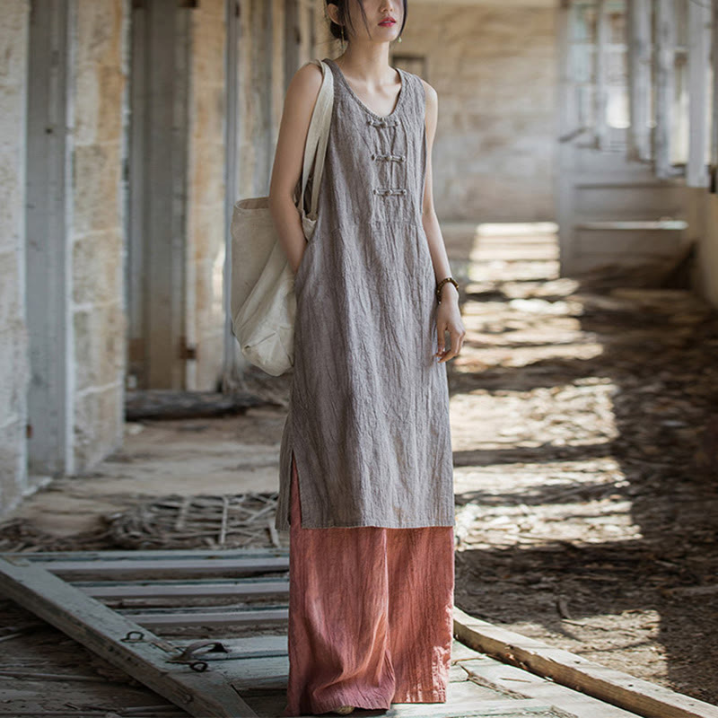 Buddha Stones Ärmelloses Camisole-Midikleid mit Froschknöpfen, Hose aus Ramie-Leinen mit weitem Bein und Taschen - image 29