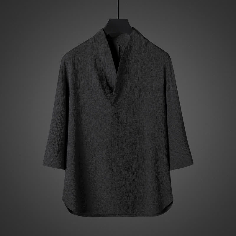 Buddha Stones Lässiges Herrenhemd mit V-Ausschnitt und Dreiviertelärmeln - Schwarz - US/ UK/AU46,EU56 (5XL) - image 6