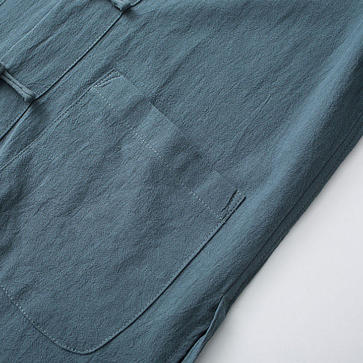 Buddha Stones Traditioneller Frosch-Knopf-Tang-Anzug Baumwolle Halbarm-Oberteile Hosen Kleidung Herren Set - image 3