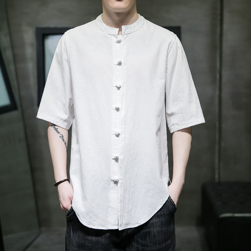 Buddha Stones einfarbiges Herren-Halbarm-Baumwollhemd - Weiß - US/ UK/AU46,EU56 (5XL)  - image 1