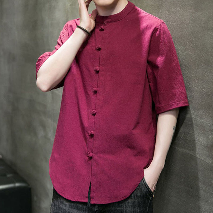 Buddha Stones einfarbiges Herren-Halbarm-Baumwollhemd - image 14