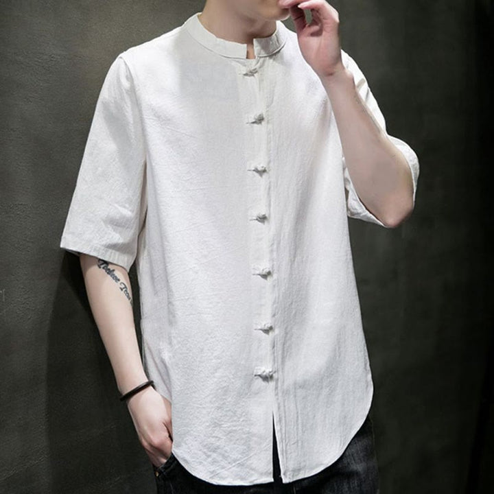 Buddha Stones einfarbiges Herren-Halbarm-Baumwollhemd - image 4