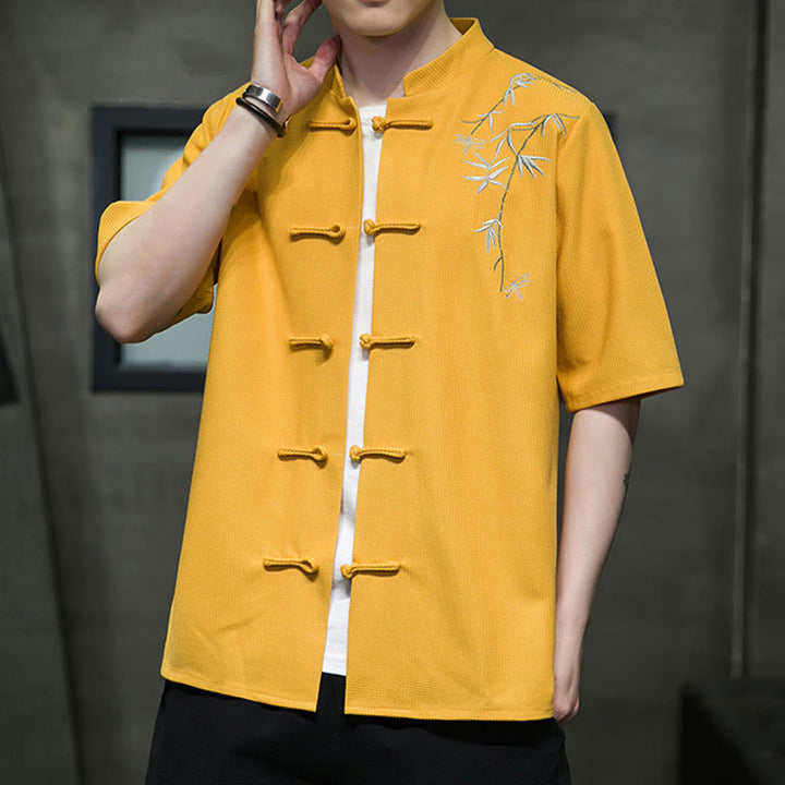 Buddha Stones Frosch-Knopf Blatt Libelle Stickerei Herren Kurzarmhemd - image 13