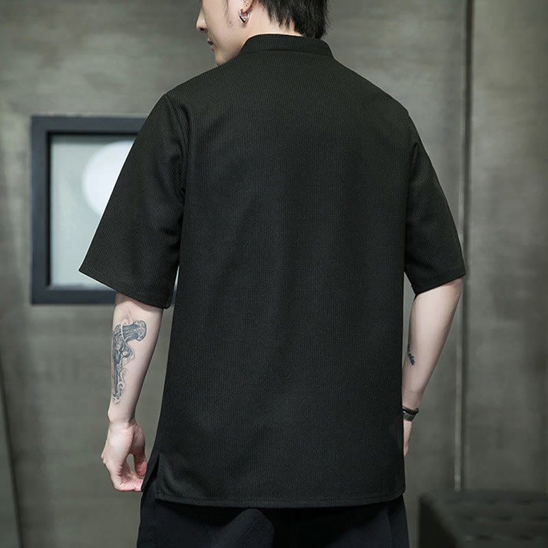 Buddha Stones Frosch-Knopf Blatt Libelle Stickerei Herren Kurzarmhemd - image 17