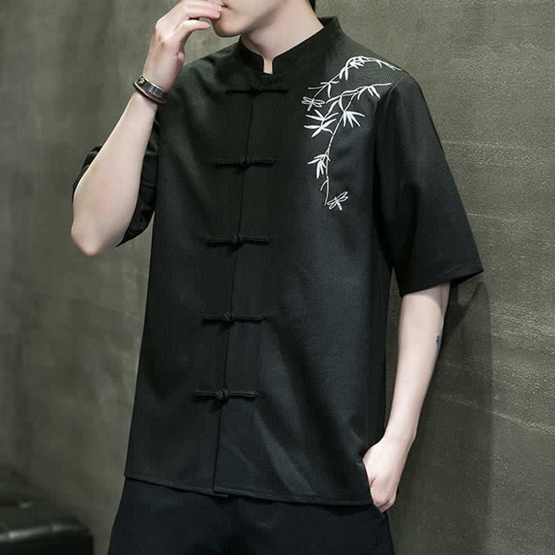 Buddha Stones Frosch-Knopf Blatt Libelle Stickerei Herren Kurzarmhemd - image 20