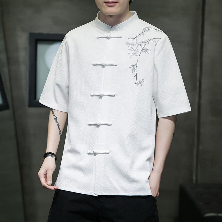 Buddha Stones Frosch-Knopf Blatt Libelle Stickerei Herren Kurzarmhemd - image 6