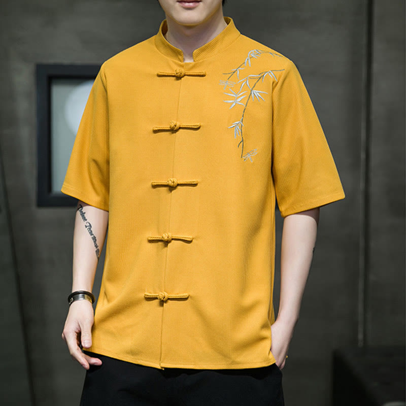 Buddha Stones Frosch-Knopf Blatt Libelle Stickerei Herren Kurzarmhemd - image 8