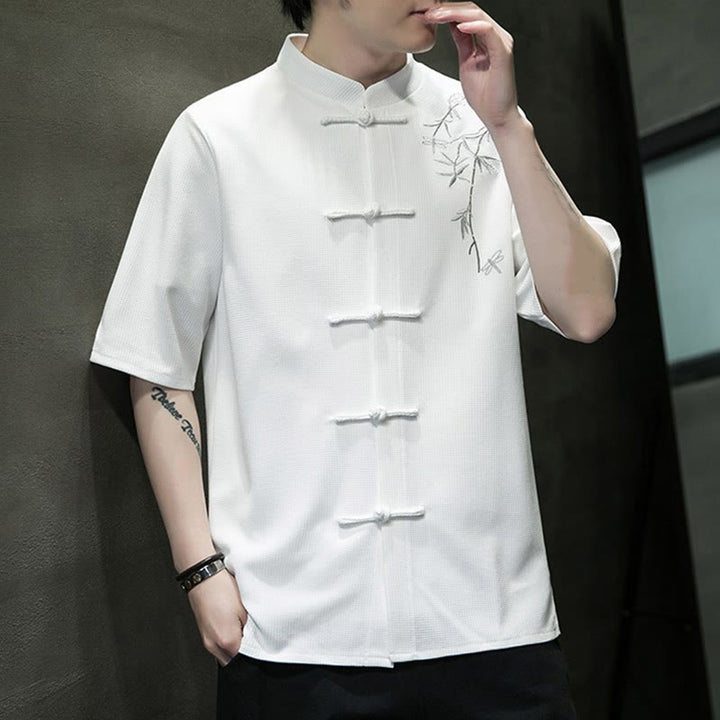 Buddha Stones Frosch-Knopf Blatt Libelle Stickerei Herren Kurzarmhemd - image 4