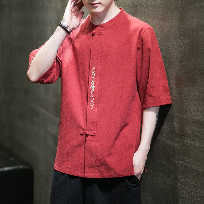 Buddha Stones Einfarbiges Hemd mit Froschknopfstickerei für Herren, Halbarm, Baumwolle - Tomate - US/ UK/AU46,EU56 (5XL) - image 27