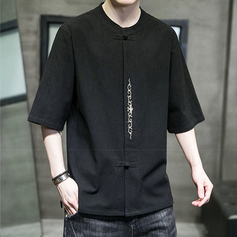 Buddha Stones Einfarbiges Hemd mit Froschknopfstickerei für Herren, Halbarm, Baumwolle - image 15