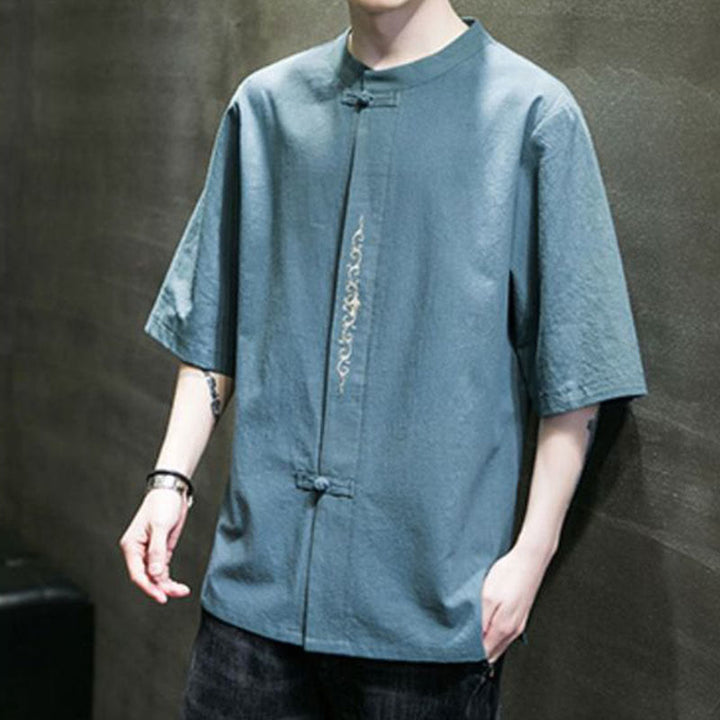 Buddha Stones Einfarbiges Hemd mit Froschknopfstickerei für Herren, Halbarm, Baumwolle - image 2