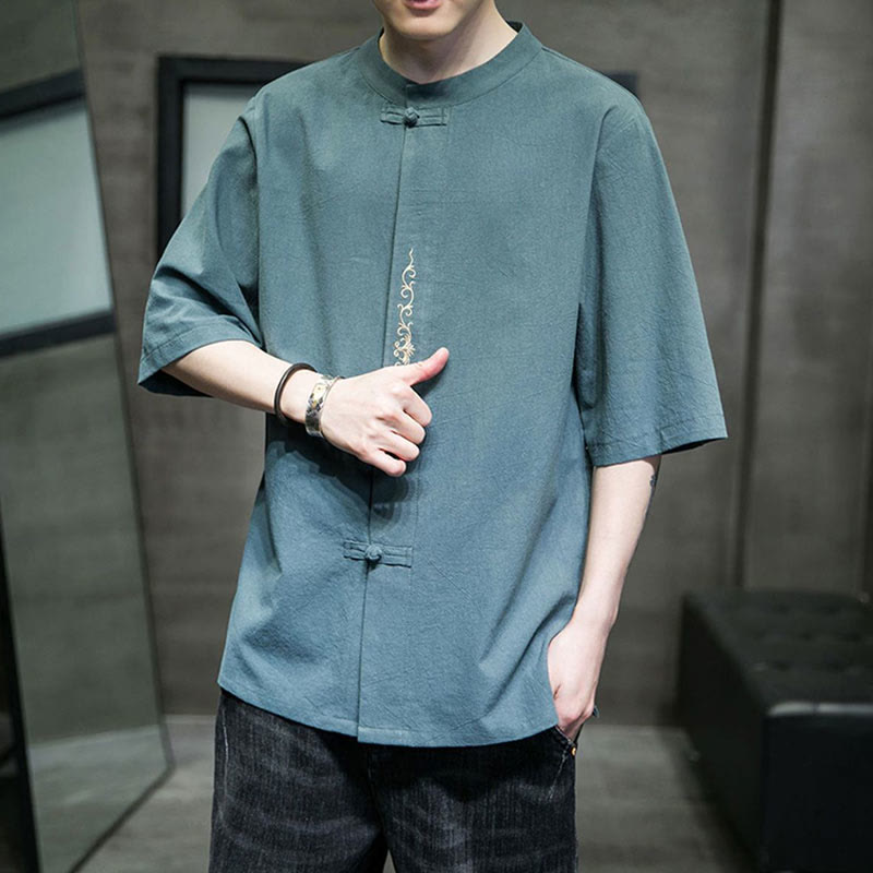 Buddha Stones Einfarbiges Hemd mit Froschknopfstickerei für Herren, Halbarm, Baumwolle - image 7