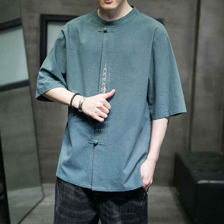 Buddha Stones Einfarbiges Hemd mit Froschknopfstickerei für Herren, Halbarm, Baumwolle - image 7