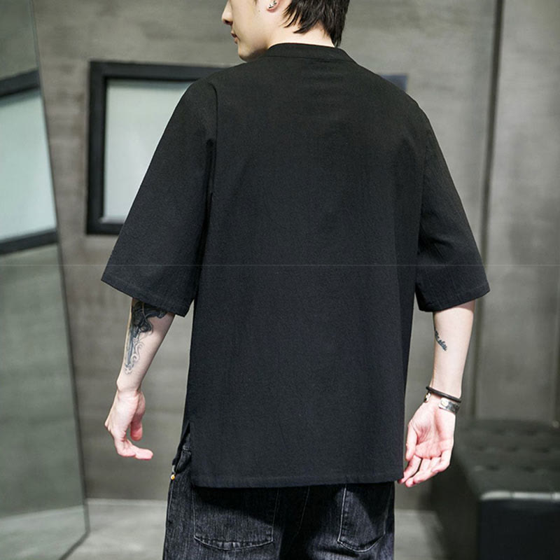 Buddha Stones Einfarbiges Hemd mit Froschknopfstickerei für Herren, Halbarm, Baumwolle - image 9