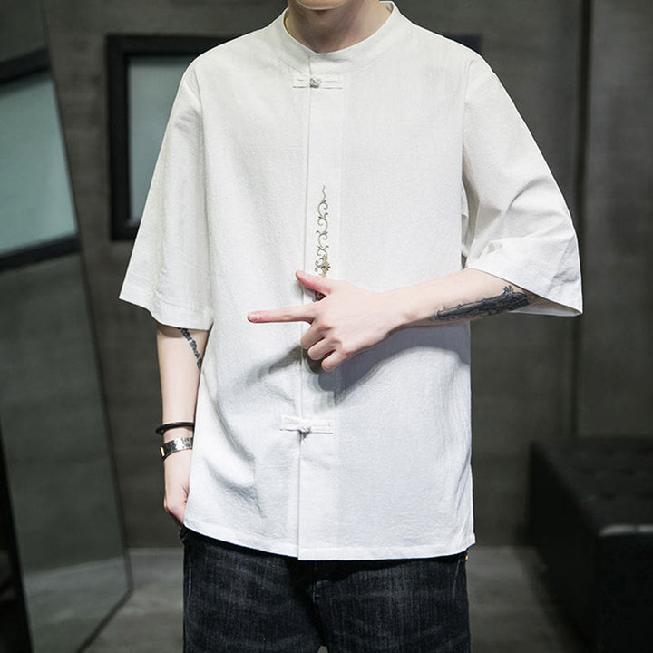 Buddha Stones Einfarbiges Hemd mit Froschknopfstickerei für Herren, Halbarm, Baumwolle - image 26