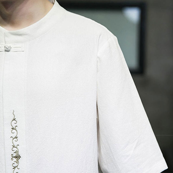 Buddha Stones Einfarbiges Hemd mit Froschknopfstickerei für Herren, Halbarm, Baumwolle - image 22