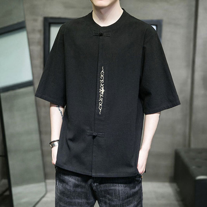 Buddha Stones Einfarbiges Hemd mit Froschknopfstickerei für Herren, Halbarm, Baumwolle - image 16