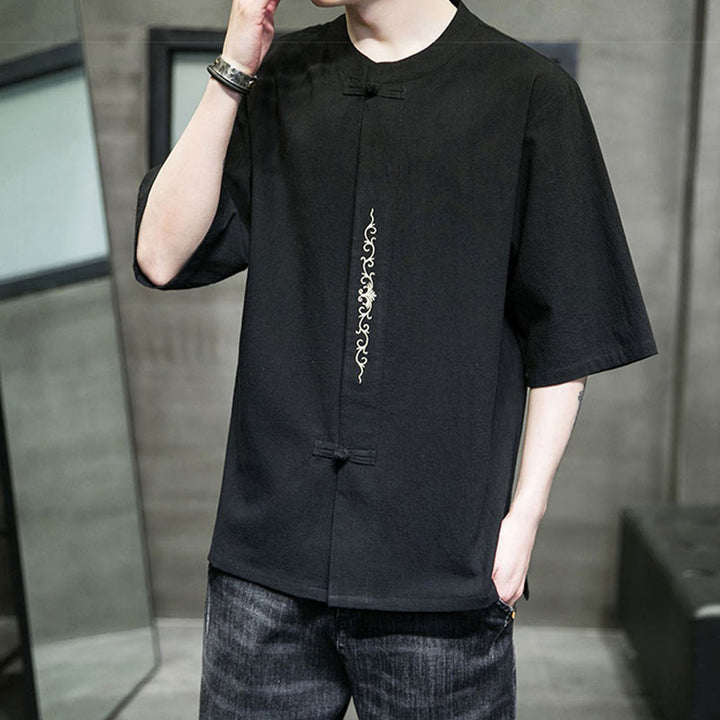 Buddha Stones Einfarbiges Hemd mit Froschknopfstickerei für Herren, Halbarm, Baumwolle - image 12