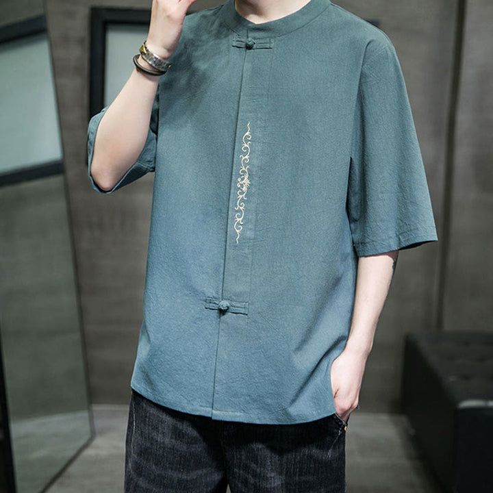 Buddha Stones Einfarbiges Hemd mit Froschknopfstickerei für Herren, Halbarm, Baumwolle - image 3