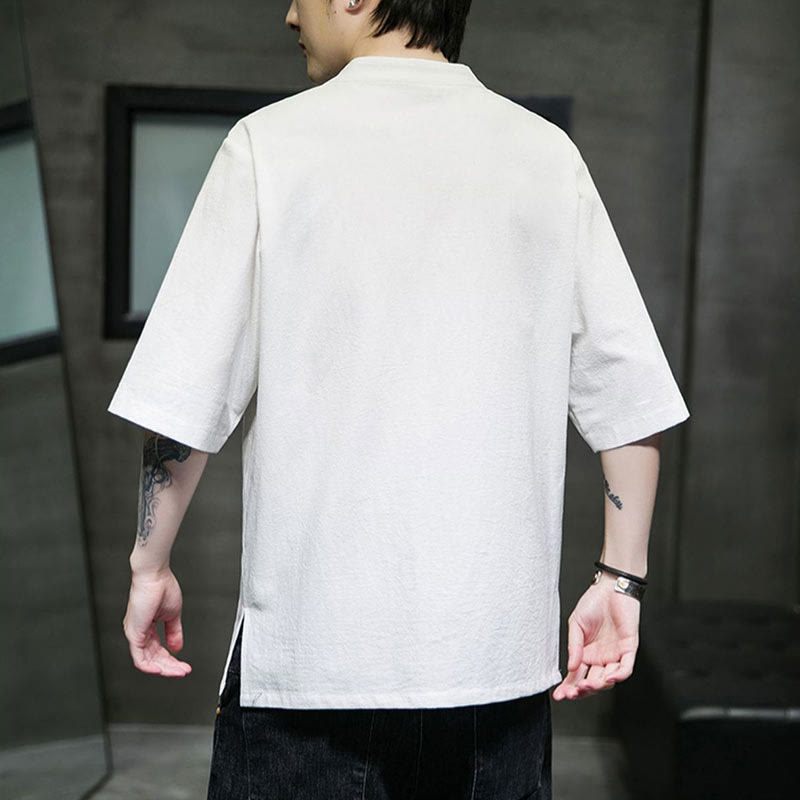 Buddha Stones Einfarbiges Hemd mit Froschknopfstickerei für Herren, Halbarm, Baumwolle - image 18