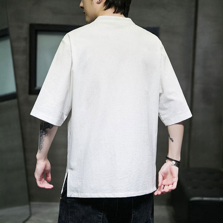 Buddha Stones Einfarbiges Hemd mit Froschknopfstickerei für Herren, Halbarm, Baumwolle - image 18