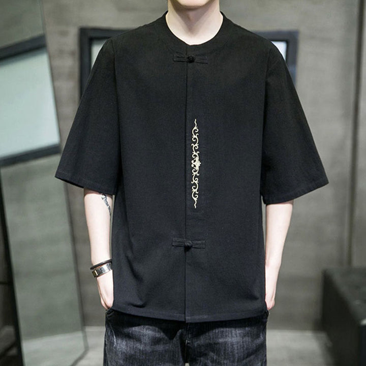 Buddha Stones Einfarbiges Hemd mit Froschknopfstickerei für Herren, Halbarm, Baumwolle - Schwarz - US/ UK/AU46,EU56 (5XL) - image 8