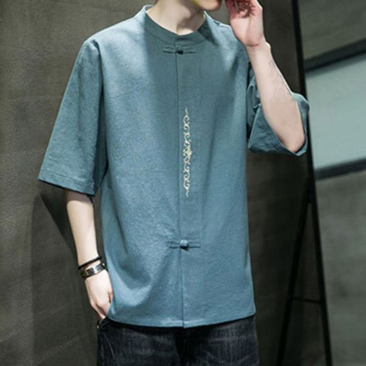 Buddha Stones Einfarbiges Hemd mit Froschknopfstickerei für Herren, Halbarm, Baumwolle - image 1