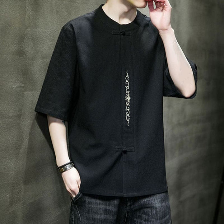 Buddha Stones Einfarbiges Hemd mit Froschknopfstickerei für Herren, Halbarm, Baumwolle - image 10