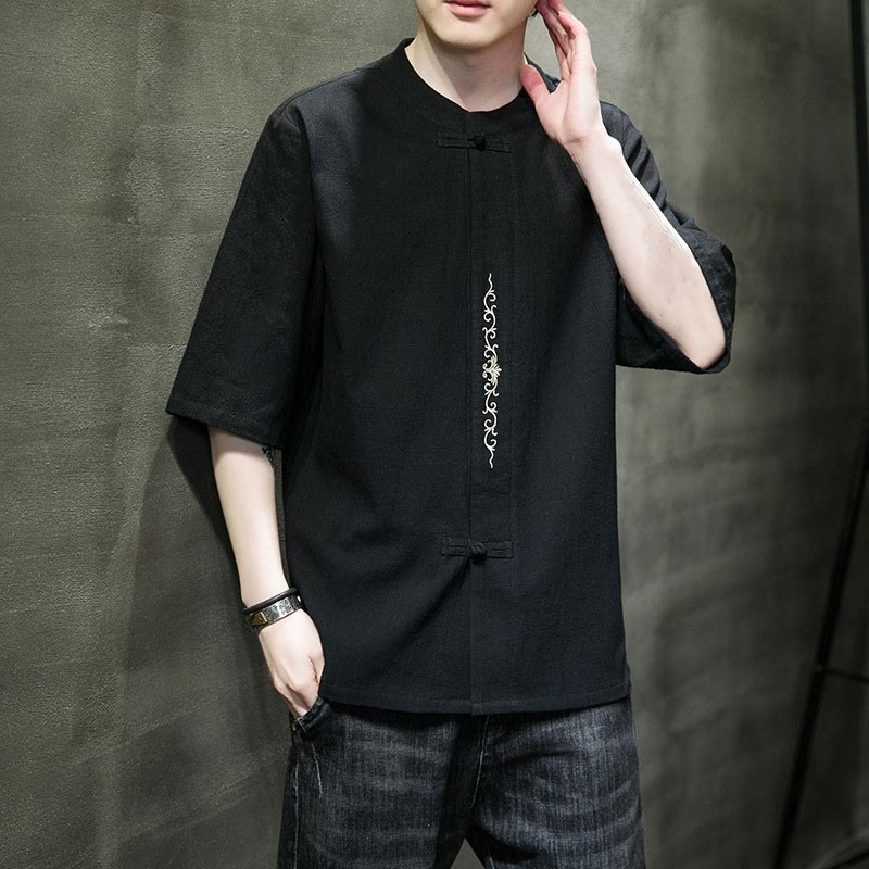 Buddha Stones Einfarbiges Hemd mit Froschknopfstickerei für Herren, Halbarm, Baumwolle - image 14