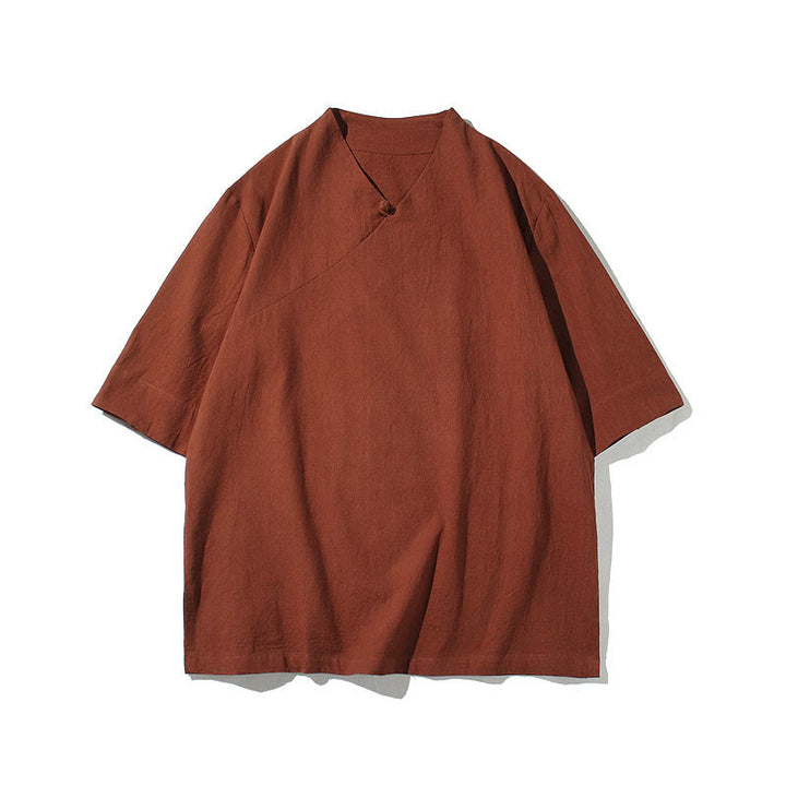 Buddha Stones V-Ausschnitt schlichtes Herren Halbarm Baumwollhemd - image 5