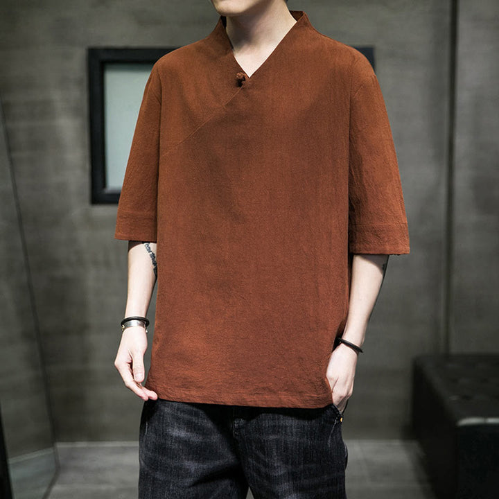 Buddha Stones V-Ausschnitt schlichtes Herren Halbarm Baumwollhemd - Peru - 5XL(Passend für USUK/AU46; EU56) - image 1