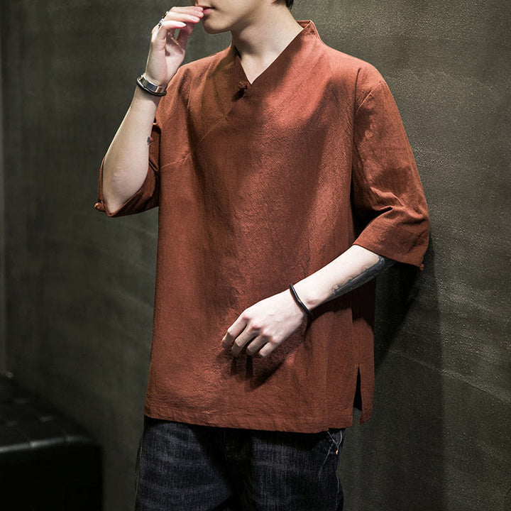 Buddha Stones V-Ausschnitt schlichtes Herren Halbarm Baumwollhemd - image 4