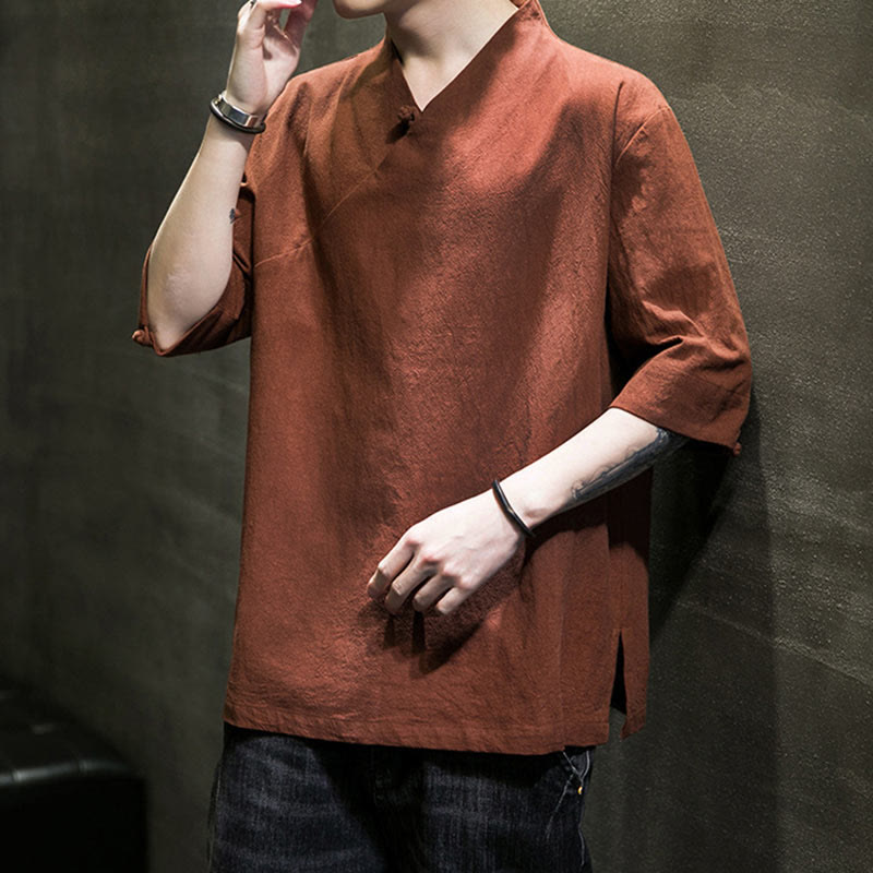 Buddha Stones V-Ausschnitt schlichtes Herren Halbarm Baumwollhemd - image 7