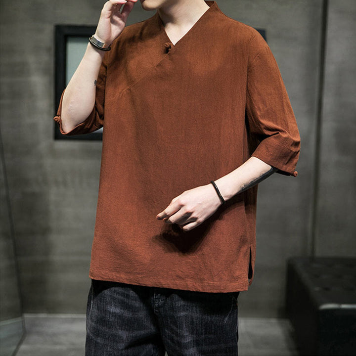 Buddha Stones V-Ausschnitt schlichtes Herren Halbarm Baumwollhemd - image 8