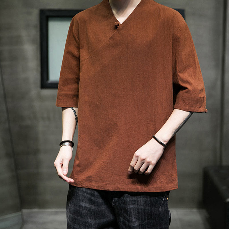 Buddha Stones V-Ausschnitt schlichtes Herren Halbarm Baumwollhemd - image 11