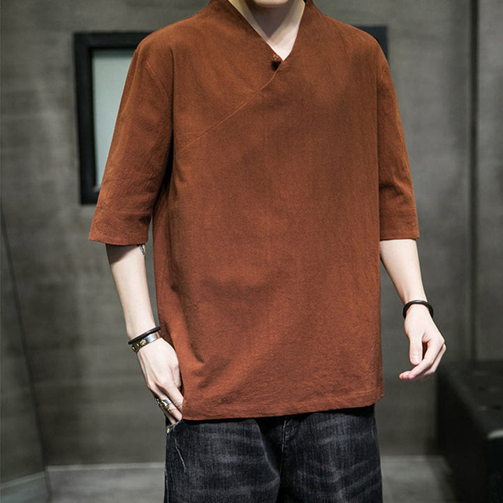 Buddha Stones V-Ausschnitt schlichtes Herren Halbarm Baumwollhemd - image 3