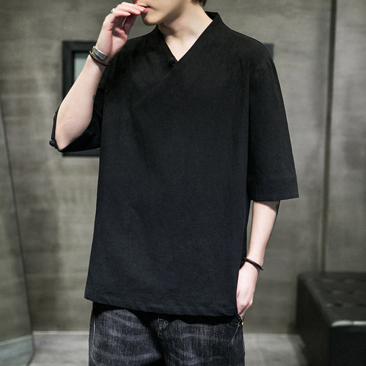 Buddha Stones V-Ausschnitt schlichtes Herren Halbarm Baumwollhemd - image 16