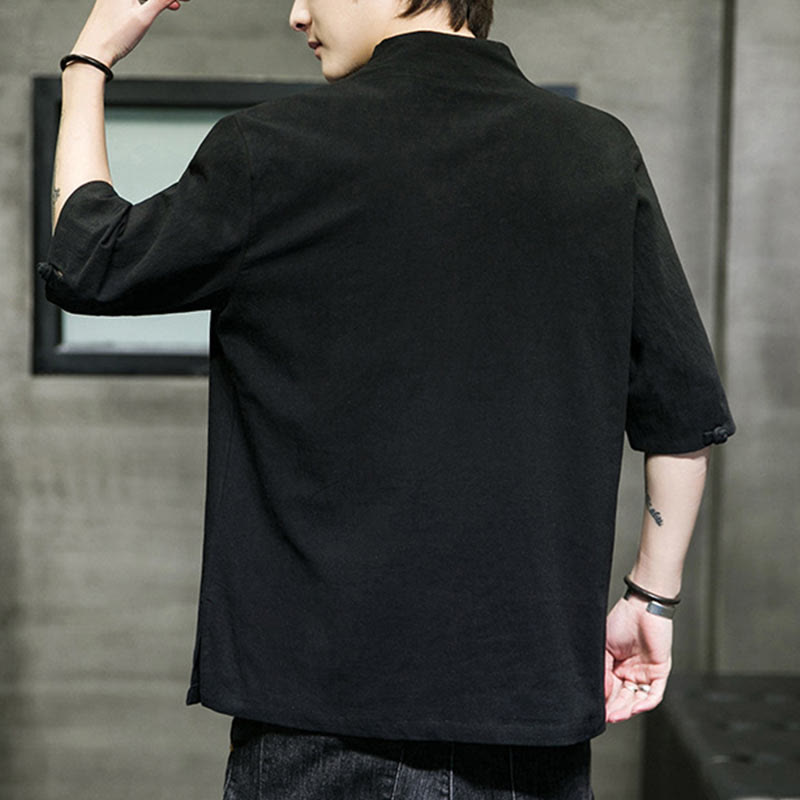 Buddha Stones V-Ausschnitt schlichtes Herren Halbarm Baumwollhemd - image 13