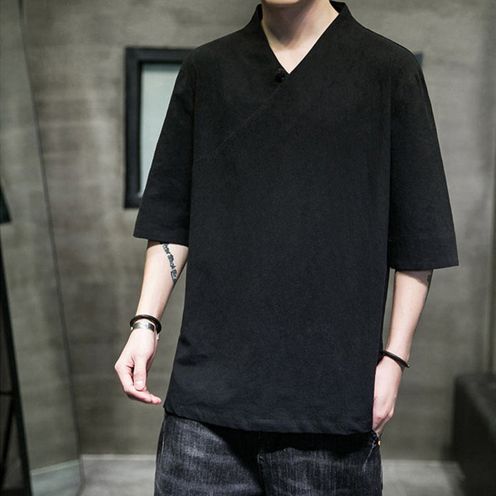 Buddha Stones V-Ausschnitt schlichtes Herren Halbarm Baumwollhemd - Schwarz - 5XL(Passend für USUK/AU46; EU56) - image 12