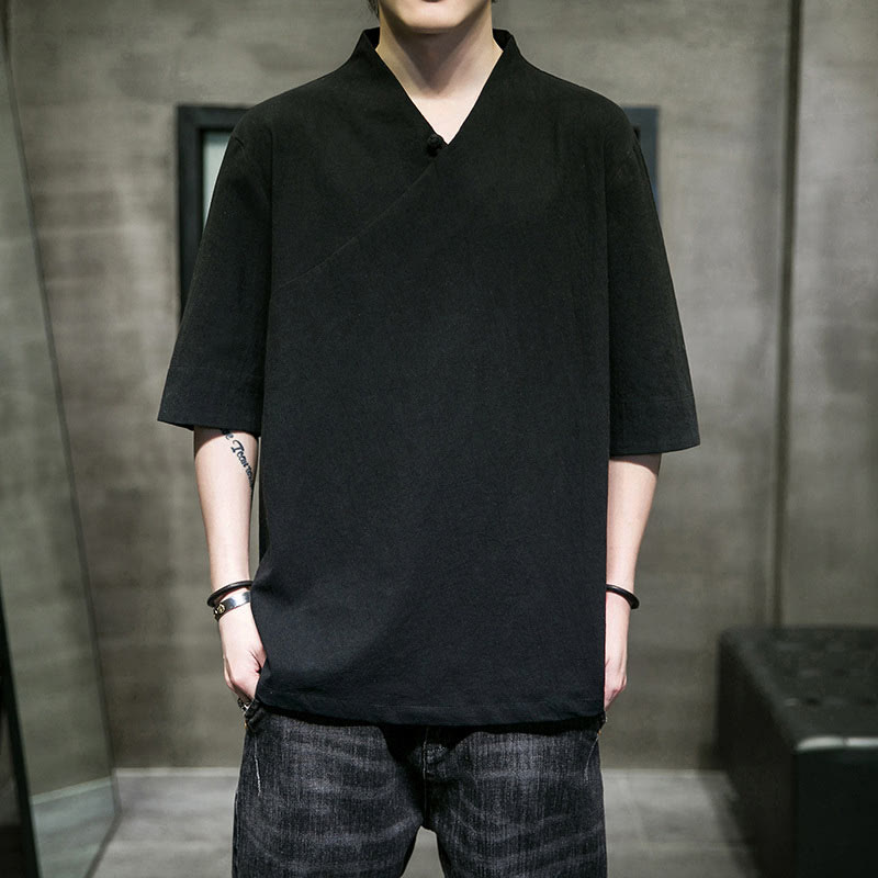 Buddha Stones V-Ausschnitt schlichtes Herren Halbarm Baumwollhemd - image 15