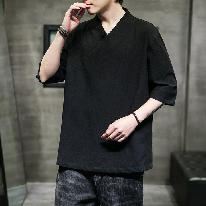 Buddha Stones V-Ausschnitt schlichtes Herren Halbarm Baumwollhemd - image 18