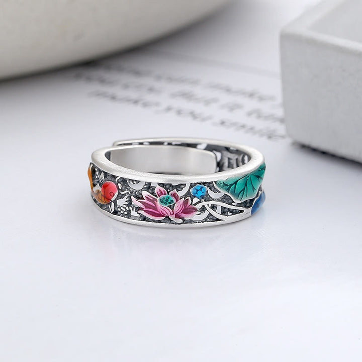 Buddha Stones 925 Sterling Silber Koi Fisch Lotus Glück Alles Gute Ring - image 1