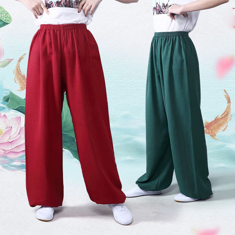 Buddha Stones Sommer elastische Taille Tai Chi Qigong Übung Baumwolle Leinen Unisex Hose - image 14