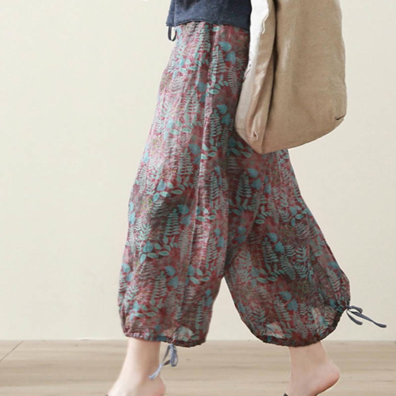 Buddha Stones Sommerhose für Damen, Blau, Blätter, Pflanzen, mit Taschen - image 11